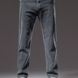 kkboxly  Men's Stylish Cotton Blend Solid Denim Trousers With Pockets, Causal Breathable Slim-fit Jeans For Spring Fall Outdoor Activities