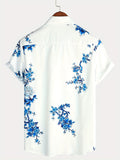 kkboxly  Blue Flowers Print, Men’s Button Up Short Sleeve Shirt Regular Fit For Beach Summer