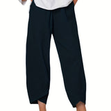 kkboxly  Minimalist Slant Pockets Cropped Pants, Casual Elastic Waist Pants For Spring & Summer, Women's Clothing