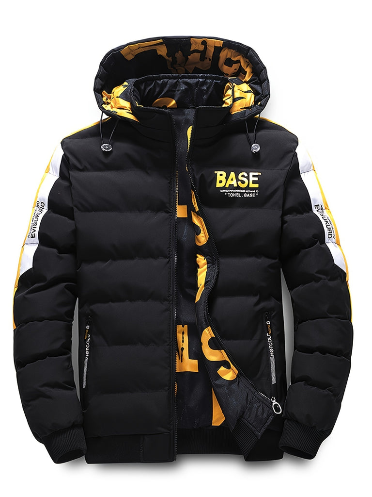 Men's Reversible Hooded Warm Thick Jacket, Casual Padded Printed Jacket Coat For Fall Winter