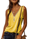 kkboxly  Casual V-neck Zipper Cami Top, Solid Fashion Sleeveless Loose Summer Fit Tank Top, Women's Clothing