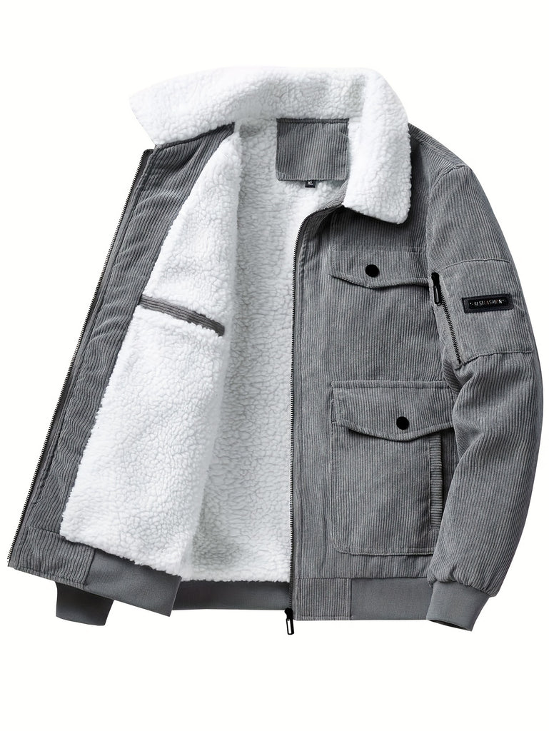 kkboxly Men's Trendy Corduroy Jacket, Casual Lapel Zip Up Warm Fleece Coat For Outdoor Fall Winter