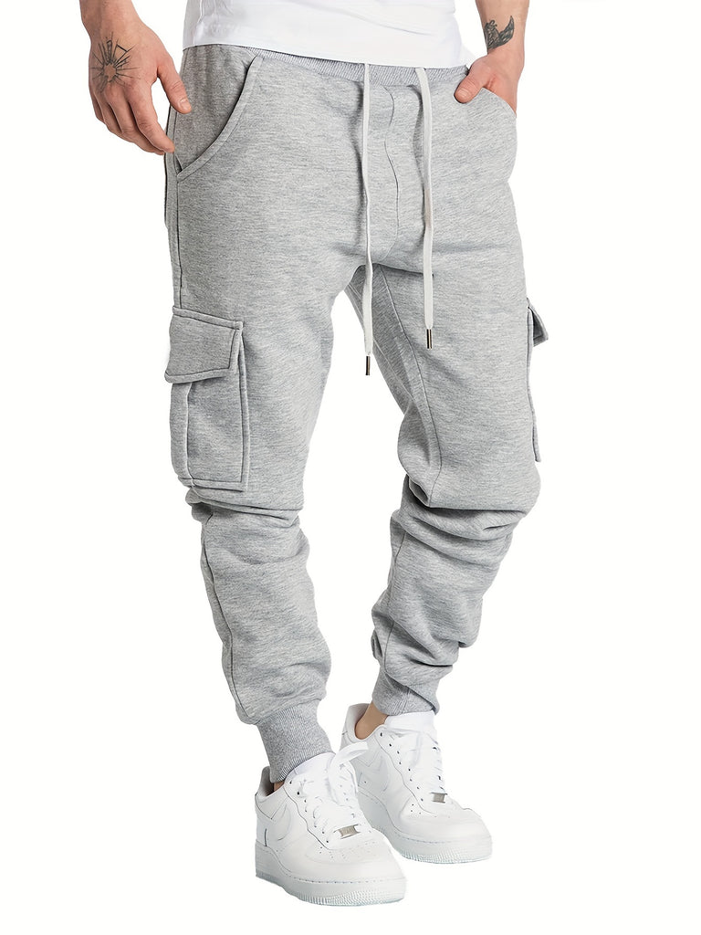 kkboxly  Classic Design Multi Flap Pockets Cargo Pants, Men's Casual Sweatpants Drawstring Cargo Pants Hip Hop Joggers For Autumn Summer Outdoor