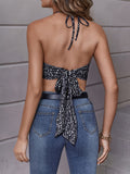 kkboxly  Print Crop Halter Top, Sexy Solid Sleeveless Fashion Backless Crop Halter Top, Women's Clothing