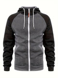 kkboxly  Men's Casual Zip Up Hoodie, Color Block Hooded Jacket For Sports