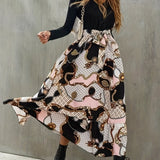 Geo Print Splicing Dress, Elegant V Neck Long Sleeve Dress, Women's Clothing