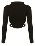 kkboxly  Colorblock Ribbed Zip Front Crop T-Shirt, Y2K Long Sleeve Top For Spring & Fall, Women's Clothing