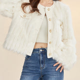 kkboxly  Button Front Plush Coat, Chic Long Sleeve Coat For Fall & Winter, Women's Clothing