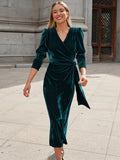 kkboxly  Solid V-neck Velvet Slim Dress, Elegant Dress For Party & Banquet, Women's Clothing