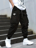 kkboxly  Plus Size Men's Drawstring Cargo Pants: Letters Print, Multi-Pocket Design, Perfect For Outdoor Activities