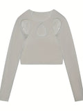 kkboxly  Sexy Cut Out Crop T-Shirt, Long Sleeve Loose Casual Top, Women's Clothing