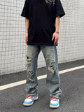 kkboxly  Baggy Ripped Cotton Jeans, Men's Casual Street Style Distressed Denim Pants For Spring Summer