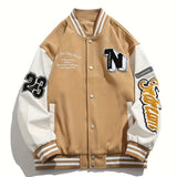 kkboxly Loose Fit Varsity Jacket, Men's Casual Color Block Button Up Jacket For Spring Fall School Baseball