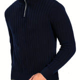 kkboxly  Men's Stand Collar Solid Knit Sweater , Men's Casual Lapel Slightly Stretch V-Neck Pullover Sweater For Men Winter Fall