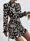 Leopard Print Ruched Dress, Sexy Mock Neck Long Sleeve Bodycon Dress, Women's Clothing