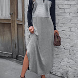 kkboxly  Women's Casual Loose Dress Long Sleeve Front Asymmetric Dress Striped Button Dress