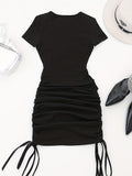 kkboxly  Kpop Drawstring Cut Out Bodycon Dress, Sexy Short Sleeve Ruched Dress For Summer, Women's Clothing