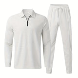 kkboxly  Waffle Pattern Men's 2Pcs Outfits, Casual V Neck Shirt Long Sleeve Pullover Sweatshirt And Drawstring Sweatpants Joggers Set For Spring Fall, Men's Clothing