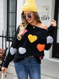 kkboxly Heart Pattern Crew Neck Fleece Sweater, Valentine's Day Long Sleeve Cozy Pullover Sweater, Women's Clothing