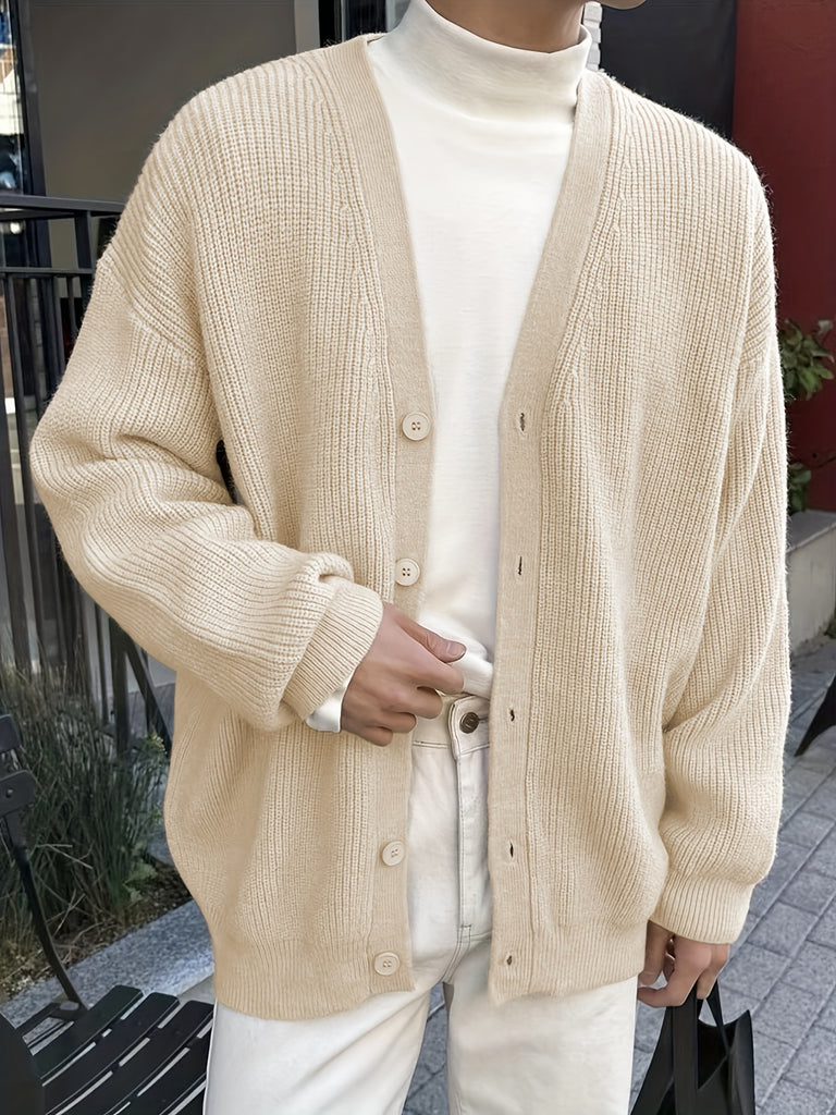 kkboxly  All Match Knitted Solid Color V Neck Cardigan, Men's Casual Warm Slightly Stretch Button Up Coat For Fall Winter