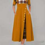 2025 kkboxly  Plaid Print Splicing Dress, Casual Crew Neck Short Sleeve Summer Asymmetrical Dress, Women's Clothing