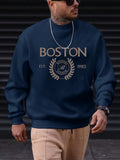 kkboxly  Men's Pullover Round Neck Long Sleeve Sweatshirt Letter "Boston" Pattern Casual Top For Autumn Winter Men's Clothing
