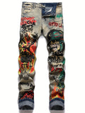 kkboxly  Men's Skull Jeans Distressed Punk Denim Pants Graffiti Print Slim Hip Hop Ripped Jeans