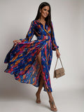 kkboxly Full Printed Surplice Neck Dress, Boho Long Sleeve Maxi Dress, Women's Clothing