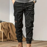 kkboxly  Trendy Solid Cargo Cotton Pants, Men's Multi Flap Pocket Trousers, Loose Casual Outdoor Pants, Men's Work Pants Outdoors Streetwear Hip Hop Style