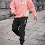 2pcs, Paris Print, Men's Hoodie And Joggers Set For Spring And Fall