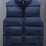 Warm Winter Vest, Men's Casual Zipper Pockets Zip Up Vest For Fall Winter