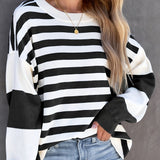 kkboxly  Striped Drop Shoulder Pullover, Crew Neck Long Sleeve Sweatshirt For Fall & Winter, Women's Clothing