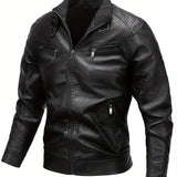 kkboxly  Men's Casual Pu Leather Jacket, Chic Stand Collar Biker Jacket