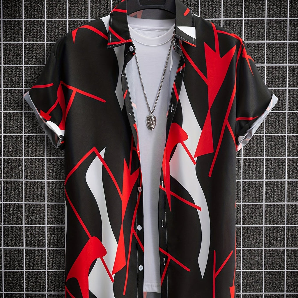 kkboxly  Men's Fashion Digital Printed Resort Lapel Button Up Short Sleeve Shirt,  Trendy Comfy Vacation Shirt