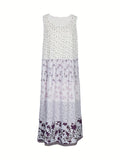 kkboxly  Plus Size Elegant Dress, Women's Plus Colorblock Ditsy Floral Print Round Neck Tank Dress