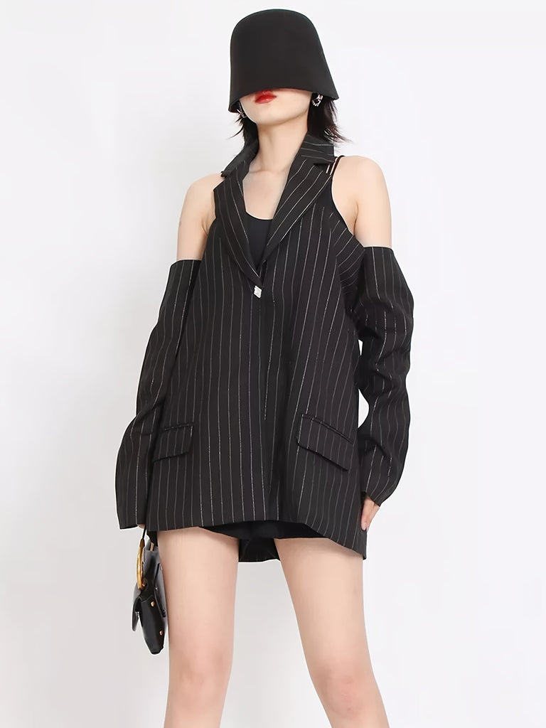 kkboxly  Striped Blazers For Women Halter Collar Long Sleeve Off Shoulder Backless Blazer