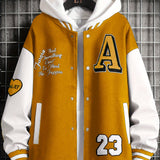 kkboxly  Men's Stand Collar Casual Loose Sports Jacket Color Block "A" Letter Embroidery Button Pocket Coat Top Clothes