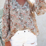 kkboxly   Floral Print Long Sleeve Blouse, V Neck Random Print Casual Top, Women's Clothing