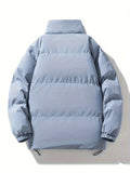 kkboxly Men's Stylish Solid Puffer Coat With Pockets, Casual Breathable Stand Collar Zip Up Long Sleeve Warm Top For City Walk Street Hanging Winter Outdoor Activities