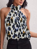 kkboxly  Leopard Print High Neck Blouse, Sexy Sleeveless Ruched Blouse, Women's Clothing