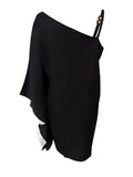 Kkboxly  Floral Print Slant Neck Off Shoulder Dress, Elegant Asymmetrical Batwing Sleeve Mini Drape Club Party Dresses, Women's Clothing