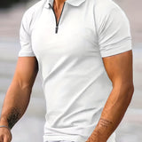 kkboxly  Solid Color Men's Casual Short Sleeves Zipper Graphic Polo Shirts, Lapel Collar Tops Pullovers, Men's Clothing For Summer