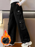 kkboxly  Girls' Thermal Warm Winter Wide-leg Cargo Pants, Casual Street Wear Straight Trousers With Multi-pockets