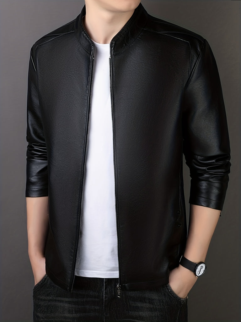 kkboxly Men's Faux Leather Jacket Classic Design Stand Collar Motorcycle PU Leather Outwear Coat