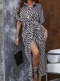 All Over Print Cinched Waist Dress, Casual Collared Half Sleeve Midi Dress, Women's Clothing