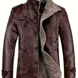 Men's Warm Fleece PU Jacket For Fall Winter, Casual Button Up Stand Collar Faux Leather Jacket