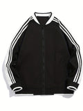 kkboxly  Zipper Style Fashionable And Versatile Men's Baseball Collar Jacket With Black And White Splicing, Suitable For Spring And Autumn