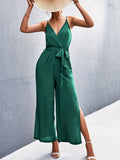 kkboxly  Boho Split Wide Leg Cami Jumpsuit, Sexy V-neck Backless Belted Jumpsuit, Women's Clothing