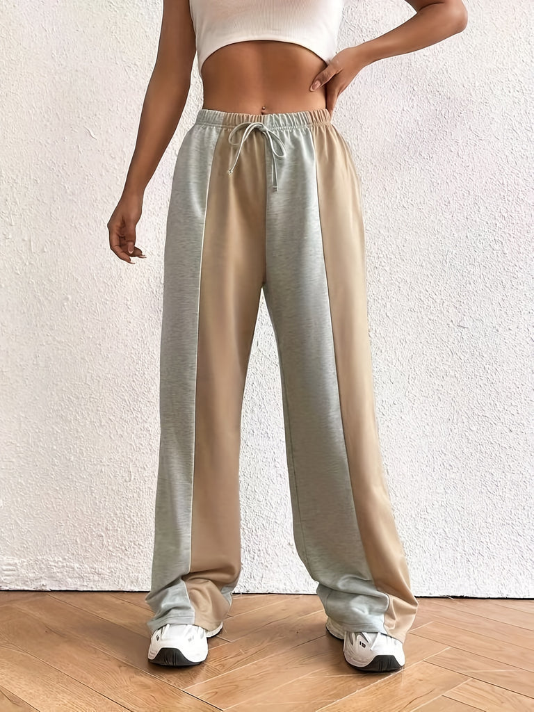 kkboxly  Color Block Wide Leg Pants, Casual Loose Drawstring Pants For Spring & Fall, Women's Clothing