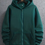 kkboxly  Regular Solid Color Men's Hooded Sweatshirt Casual Long Sleeve Hoodies With Full Zip Up, Men's Casual Zipper Hooded Jacket